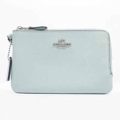 Shop Coach Double Zip Wristlet Turquoise Leather In Silver