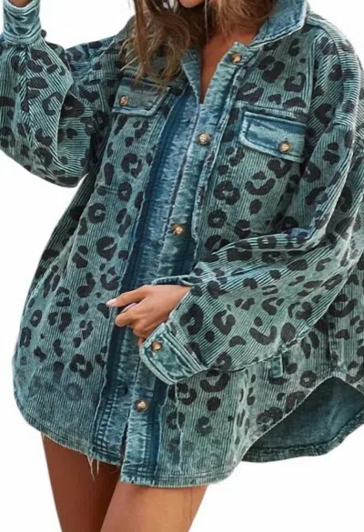 Shop Bibi Vintage Washed Leopard Corduroy Buttoned Shacket In Blue