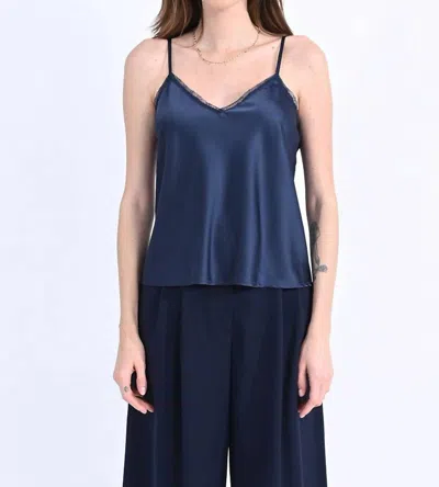 Shop Molly Bracken Satin Camisole With Lace In Navy In Blue