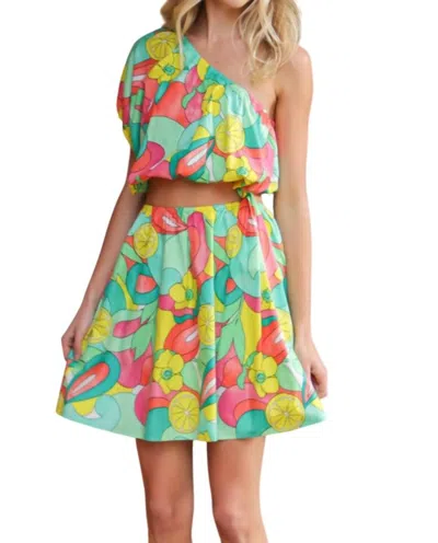 Shop Aakaa One Shoulder Cutout Waist Dress In Green/pink In Multi