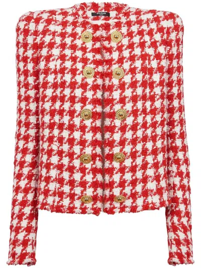 Balmain Button-embelllished Houndstooth Tweed Jacket In Red