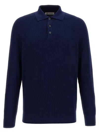 Shop Brunello Cucinelli Polo Sweater In Blue