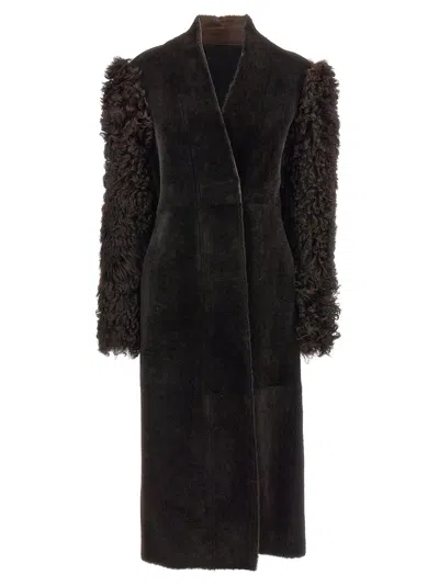 Shop Ferragamo Long Coat Fur In Brown