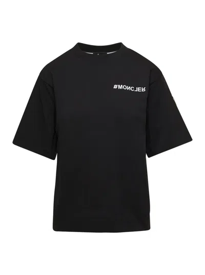 Shop Moncler Black Crewneck T-shirt With Logo In Cotton Woman