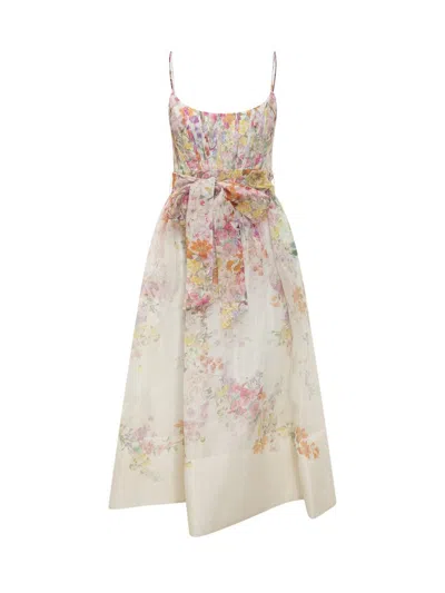 Shop Zimmermann Linen And Silk Dress With Floral Print In White