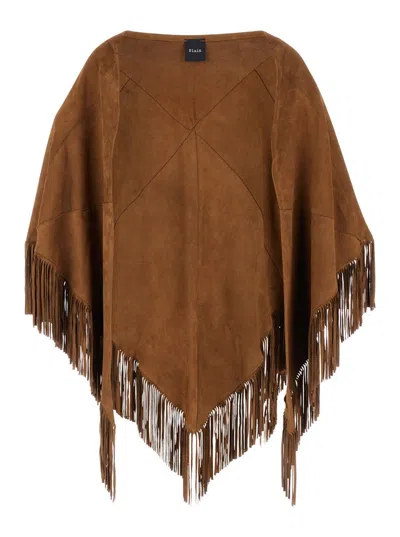 Shop Plain 'elena' Brown Cape With Fringes In Suede Woman