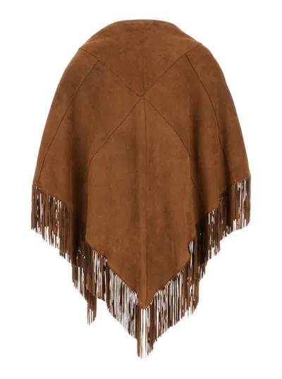 Shop Plain 'elena' Brown Cape With Fringes In Suede Woman