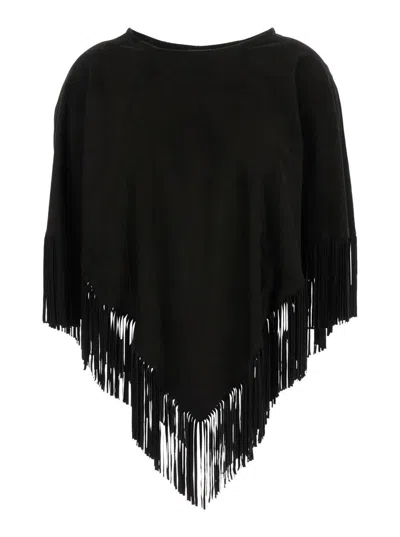 Shop Plain Black Fringed Suede Poncho In Leather Woman