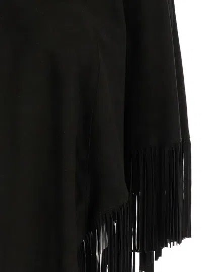 Shop Plain Black Fringed Suede Poncho In Leather Woman