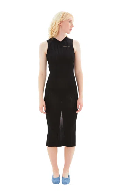 Shop Marni Knitted Sleeveless Dress W/ Logo In 00n99 Black