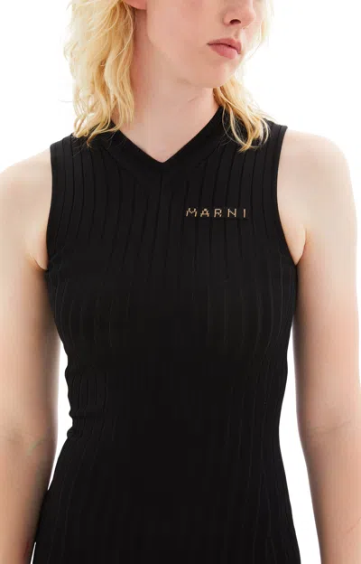Marni Embroidered Ribbed-knit Midi Dress In 00n99 Black