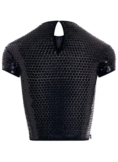 Mugler Tulle Stretch Top With Sequins In Black