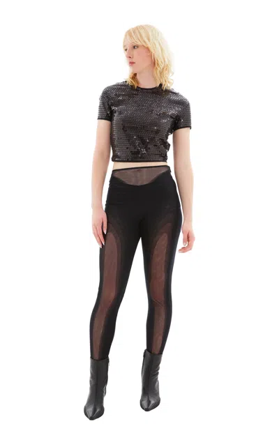 Mugler Tulle Stretch Top With Sequins In Black