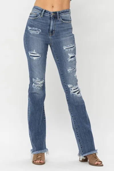 Judy Blue High Waist Patched Bootcut Jeans In Medium Washed Blue In Multi