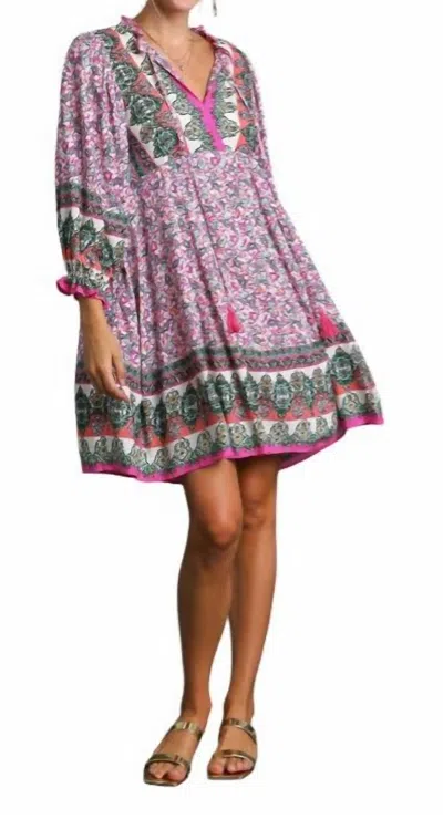 Shop Umgee Border Print Tassel Tie Dress In Pink