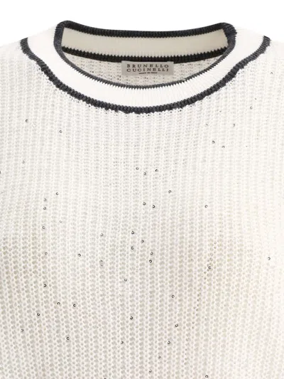 Shop Brunello Cucinelli Linen Sweater With Sequins In White