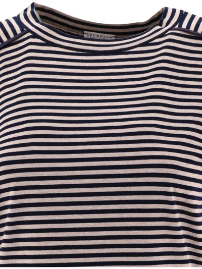 Shop Brunello Cucinelli Striped Jersey T-shirt With Monili In Blue