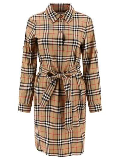 Shop Burberry Check Belted Dress In Beige