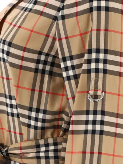 Shop Burberry Check Belted Dress In Beige