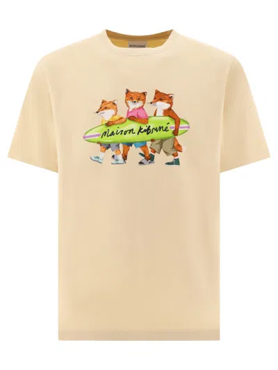 Shop Maison Kitsuné "surfing Foxes" T-shirt In Beige
