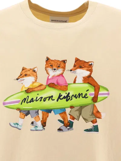 Shop Maison Kitsuné "surfing Foxes" T-shirt In Beige