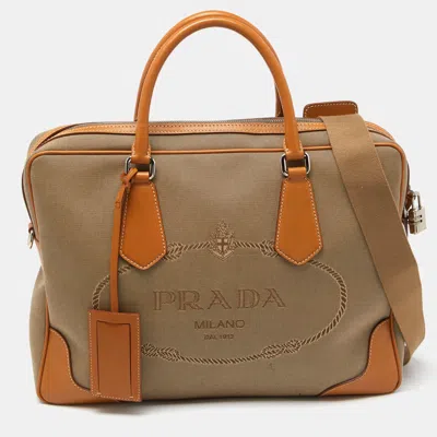 Shop Prada /brown Logo Jacquard And Leather Bauletto Bag In Beige
