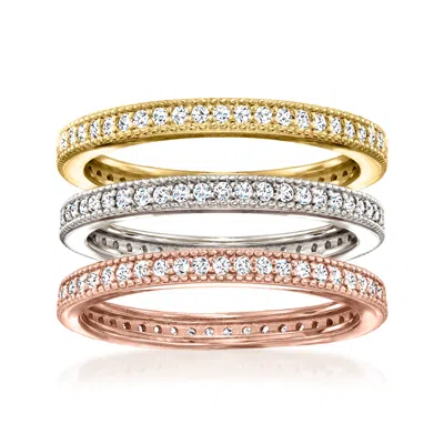 Shop Ross-simons Cz Jewelry Set: 3 Stacked Rings In Tri-tone Sterling Silver