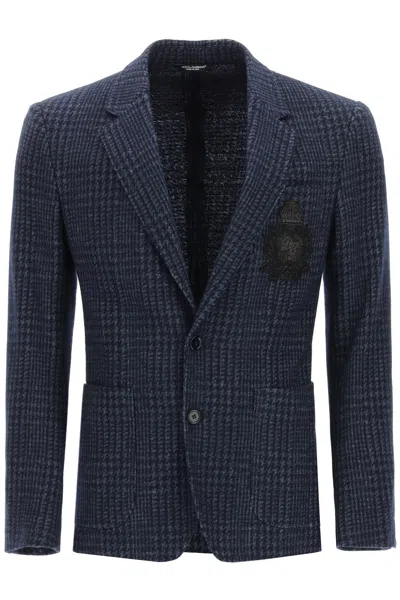 Shop Dolce & Gabbana Tailored Blazer In Tartan Wool In Blue, Grey