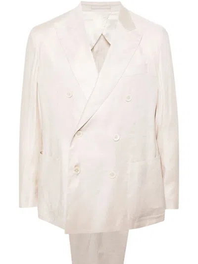 Shop Lardini Double-breasted Linen And Viscose Suit With Peak Lapels In Cream