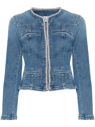 Shop Liu •jo Liu Jo Denim Jacket With Rhinestones And Front Pockets In Blue