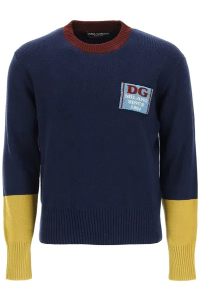 Shop Dolce & Gabbana Wool Sweater With Logo Patch In Blu