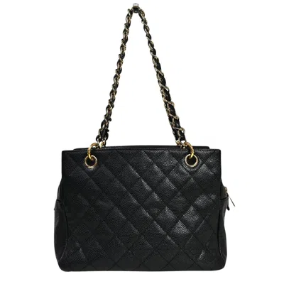 Pre-owned Chanel Petite Shopping Tote Black Leather Shoulder Bag ()
