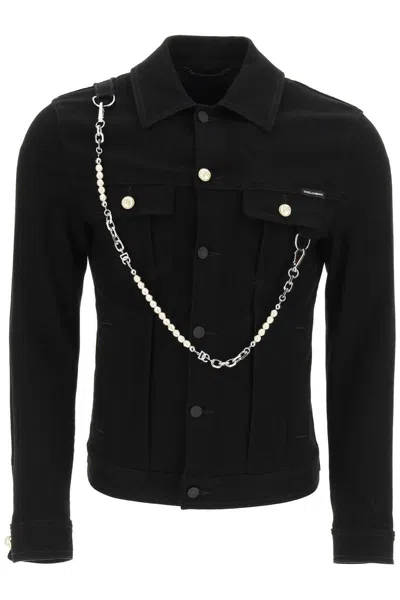 Shop Dolce & Gabbana Denim Jacket With Keychain In Nero