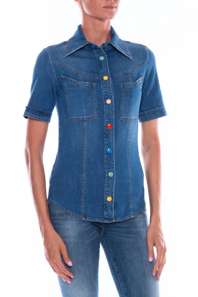 Shop Love Moschino Denim Short Sleeve With Colored Snaps In Blue