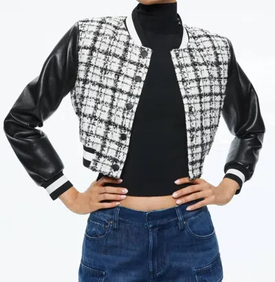 Shop Alice And Olivia Camelia Cropped Combination Varsity Jacket In Off White/black In Multi