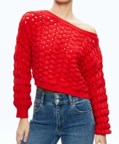 Shop Alice And Olivia Allene Cable Crewneck In Bright Ruby In Red