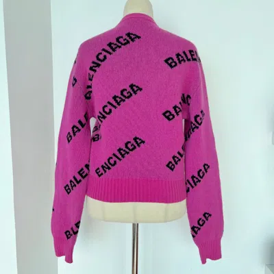 Pre-owned Balenciaga Pink Allover Logo Wool Crew Neck Sweater