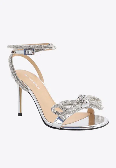 Shop Mach & Mach 95 Double Bow Metallic Leather Sandals In Silver