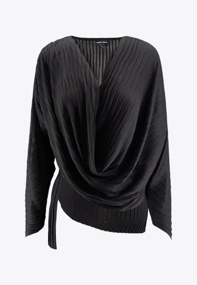 Shop Giorgio Armani Asymmetrical V-neck Pleated Blouse In Gray
