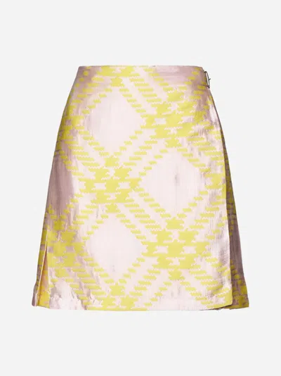 Shop Burberry Check Linen-blend Kilt Skirt In Yellow,pink
