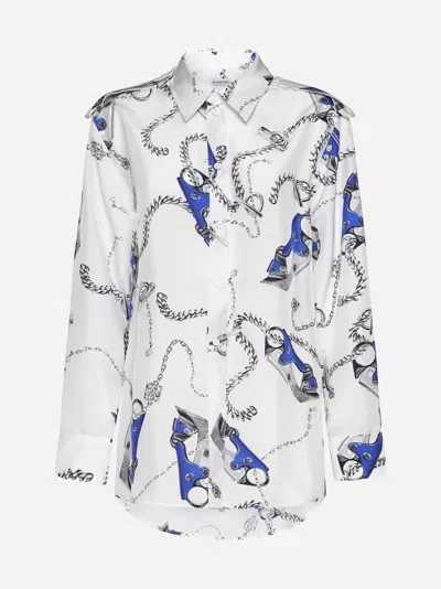 Shop Burberry Print Silk Shirt In White,blue,silver