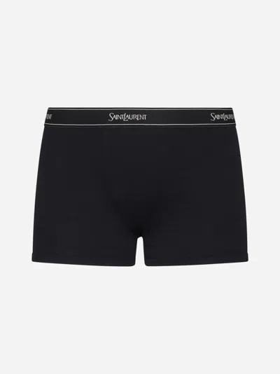 Shop Saint Laurent Logo-tape Cotton Boxer Shorts In Black
