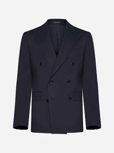 Shop Tagliatore Linen And Wool-blend Double-breasted Blazer In Blue
