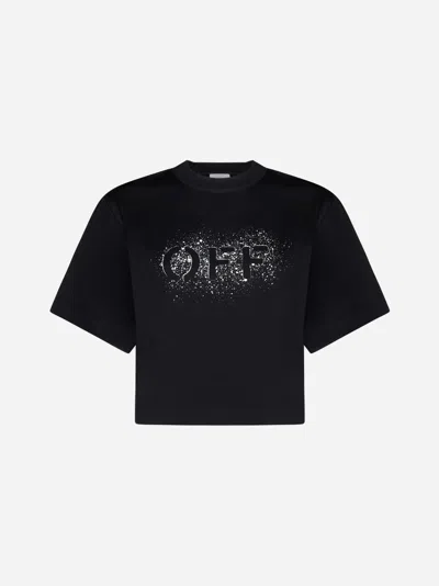 Shop Off-white Off Stencil Cotton Cropped T-shirt In Black,white