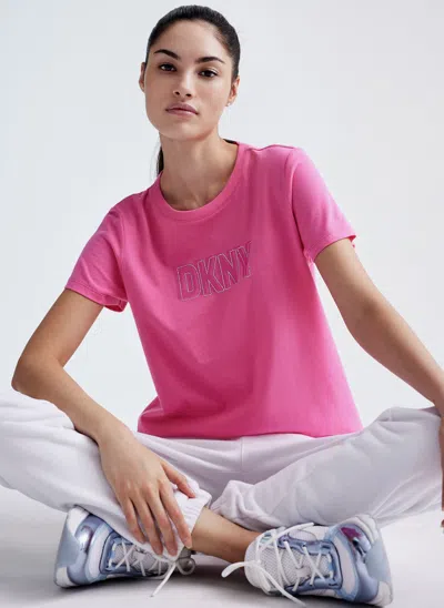 Shop Dkny Women's Rhinestone Layered Logo T-shirt In Pink