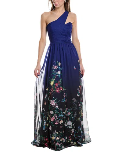 Shop Marchesa Notte One-shoulder Asymmetrical Gown In Blue
