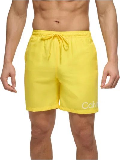 Shop Calvin Klein Mens Beachwear Logo Swim Trunks In Yellow