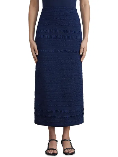 Shop Lafayette 148 Womens Midi Smocked A-line Skirt In Blue