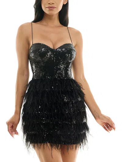 Shop B Darlin Juniors Womens Feather Trim Mini Fit & Flare Dress In Black