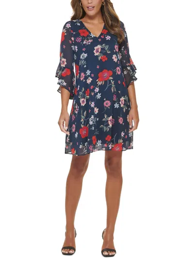 Shop Calvin Klein Womens Floral Print Bell Sleeve Shift Dress In Blue
